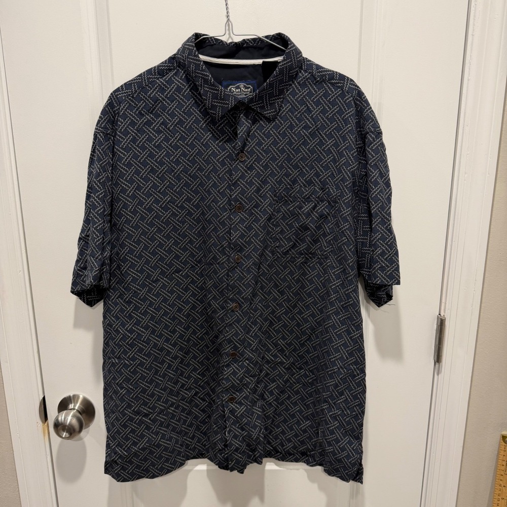 Nat Nast Mens Short Sleeve Shirt‎ Silk Cotton Geometric Navy Blue XL